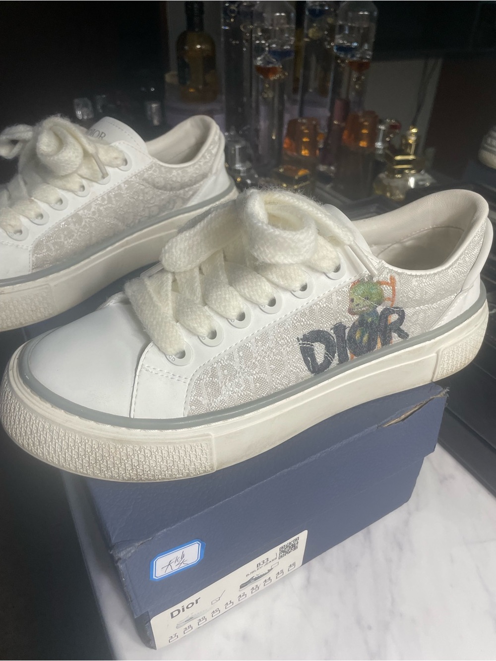 Dior White Canvas & Leather Low-Top Sneakers with Multicolor Logo